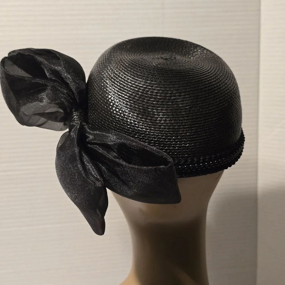 Vintage Deborah New York Black Woven Pillbox‎ Hat Beaded Trim Large Bow Accent